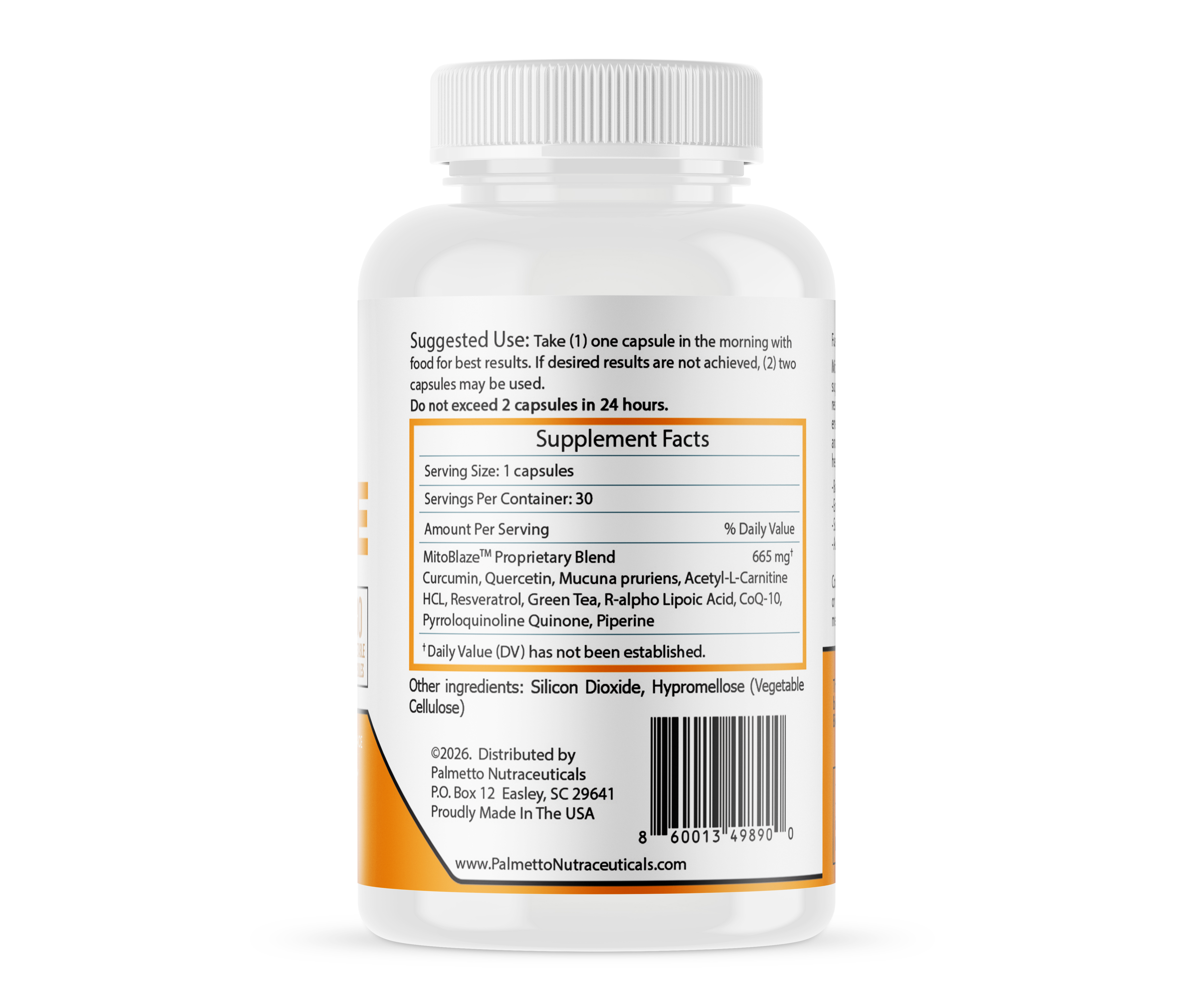 MitoBlaze bottle side panel supplement facts