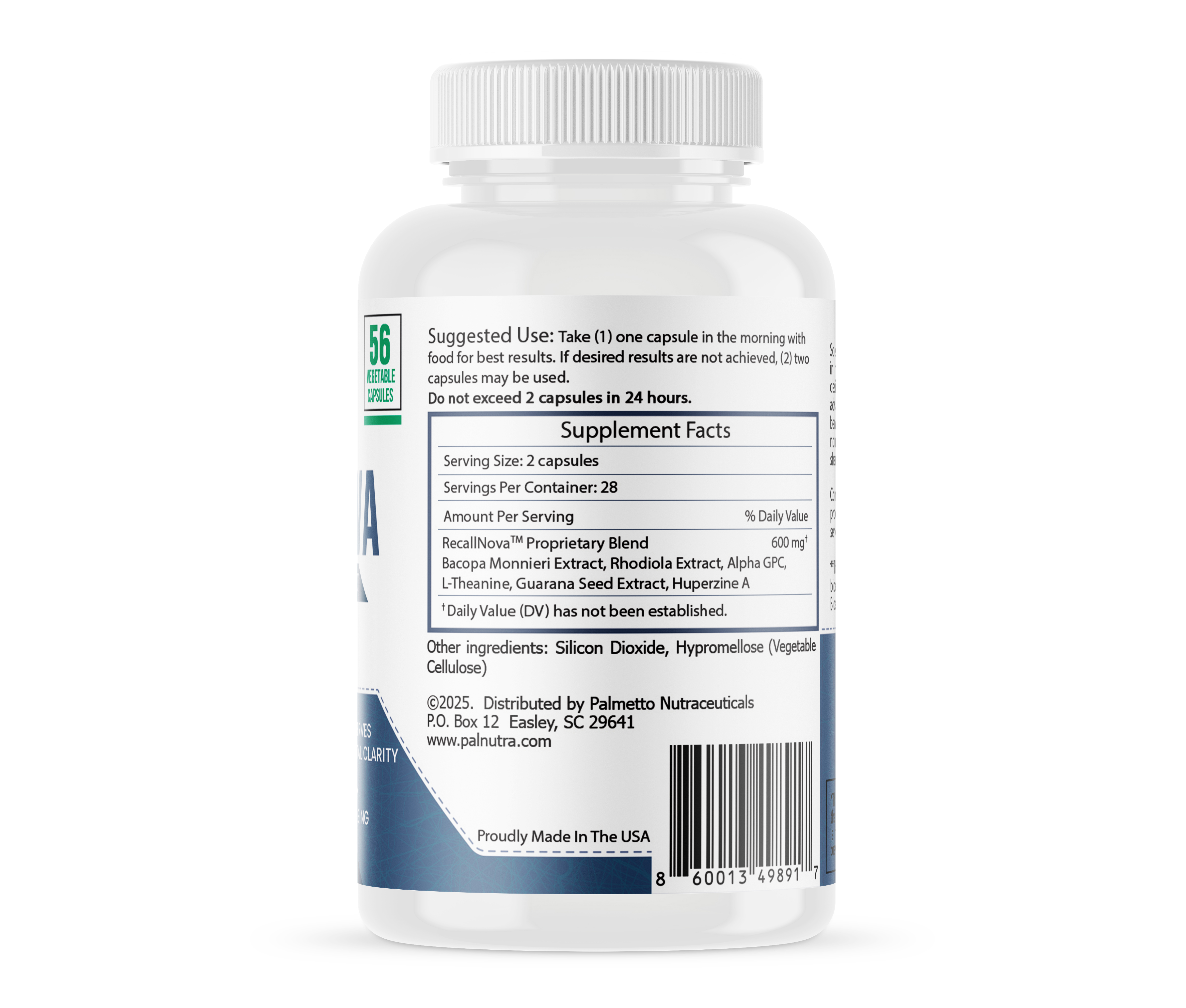 RecallNova bottle side panel supplement facts